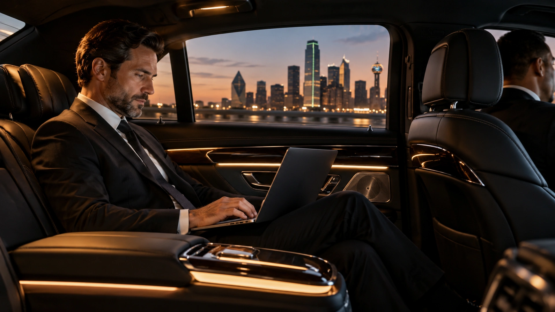 Executive working on a laptop in a chauffeured car with the Dallas skyline outside