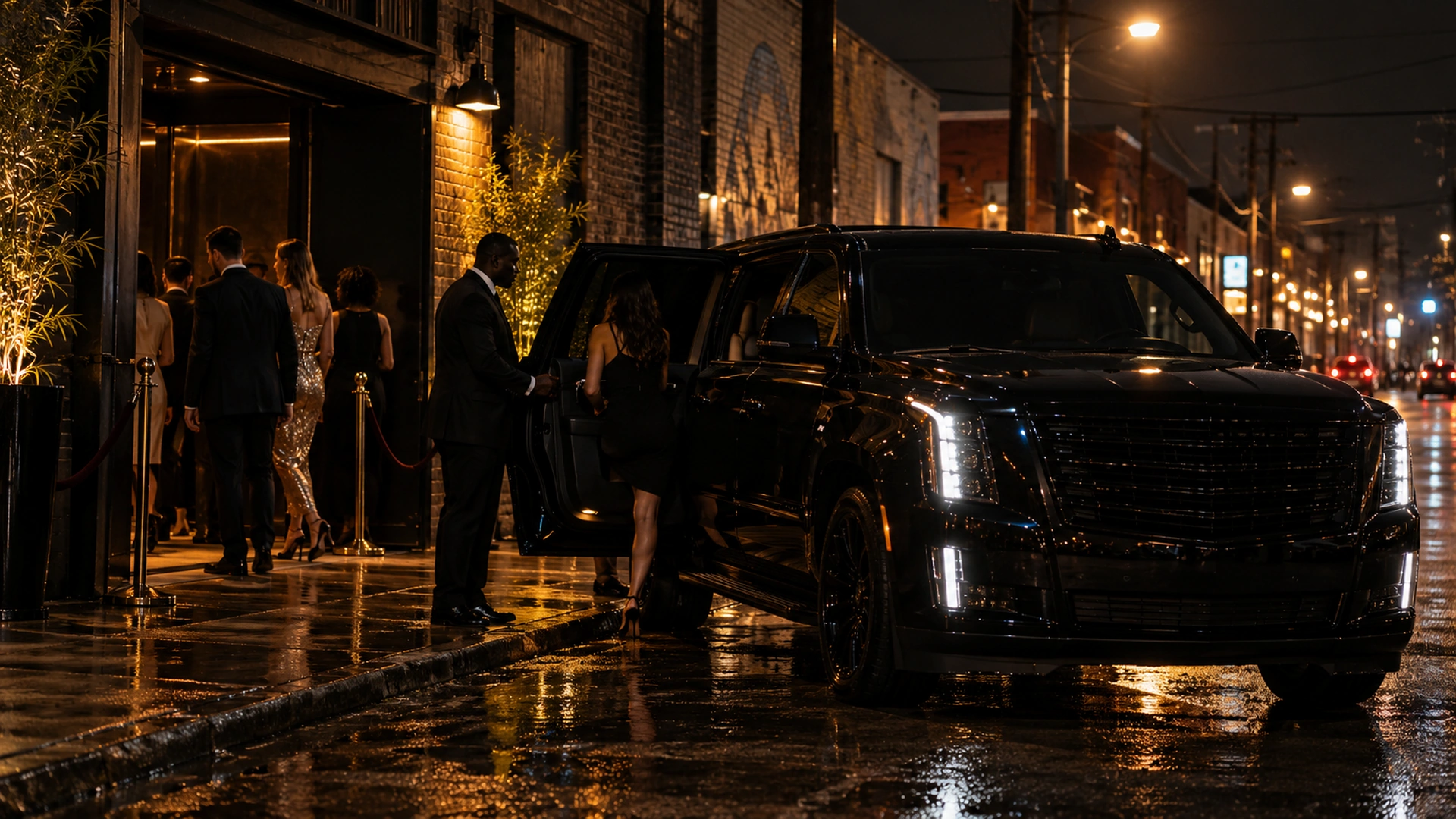 Guests stepping out of a chauffeured black SUV outside a busy Dallas club