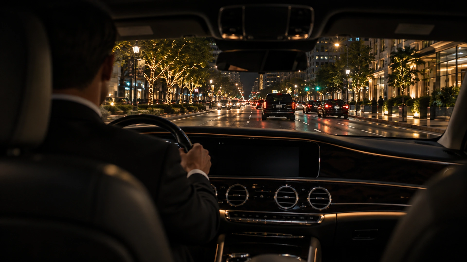 Chauffeur driving through Dallas at night, seen from the back seat
