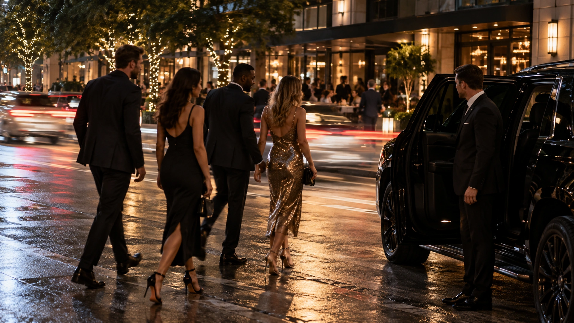 Group in evening wear walking from their chauffeured car to a Dallas club