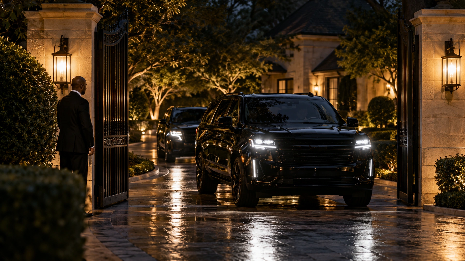 Black SUV entering a gated Dallas estate at night with personal security standing by
