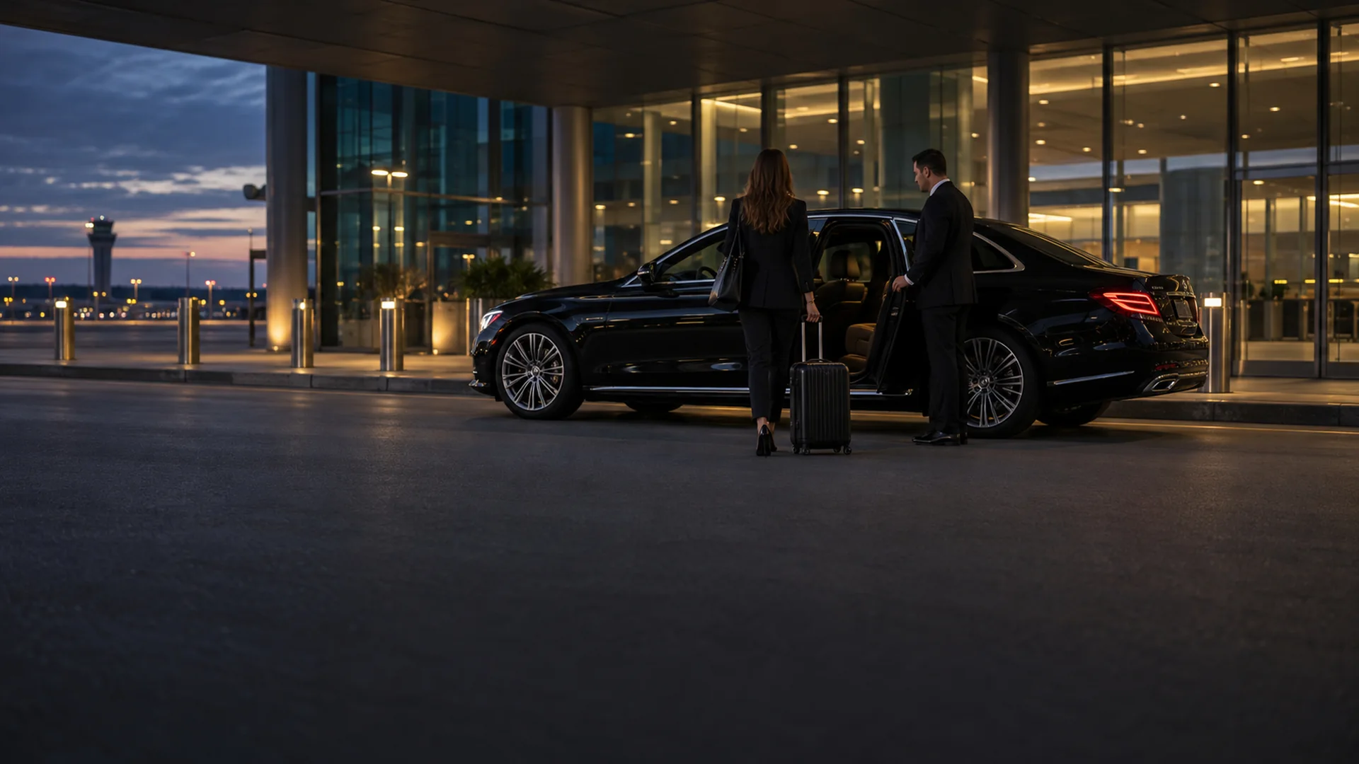 Chauffeured black sedan waiting at a Dallas-Fort Worth airport terminal curb at night