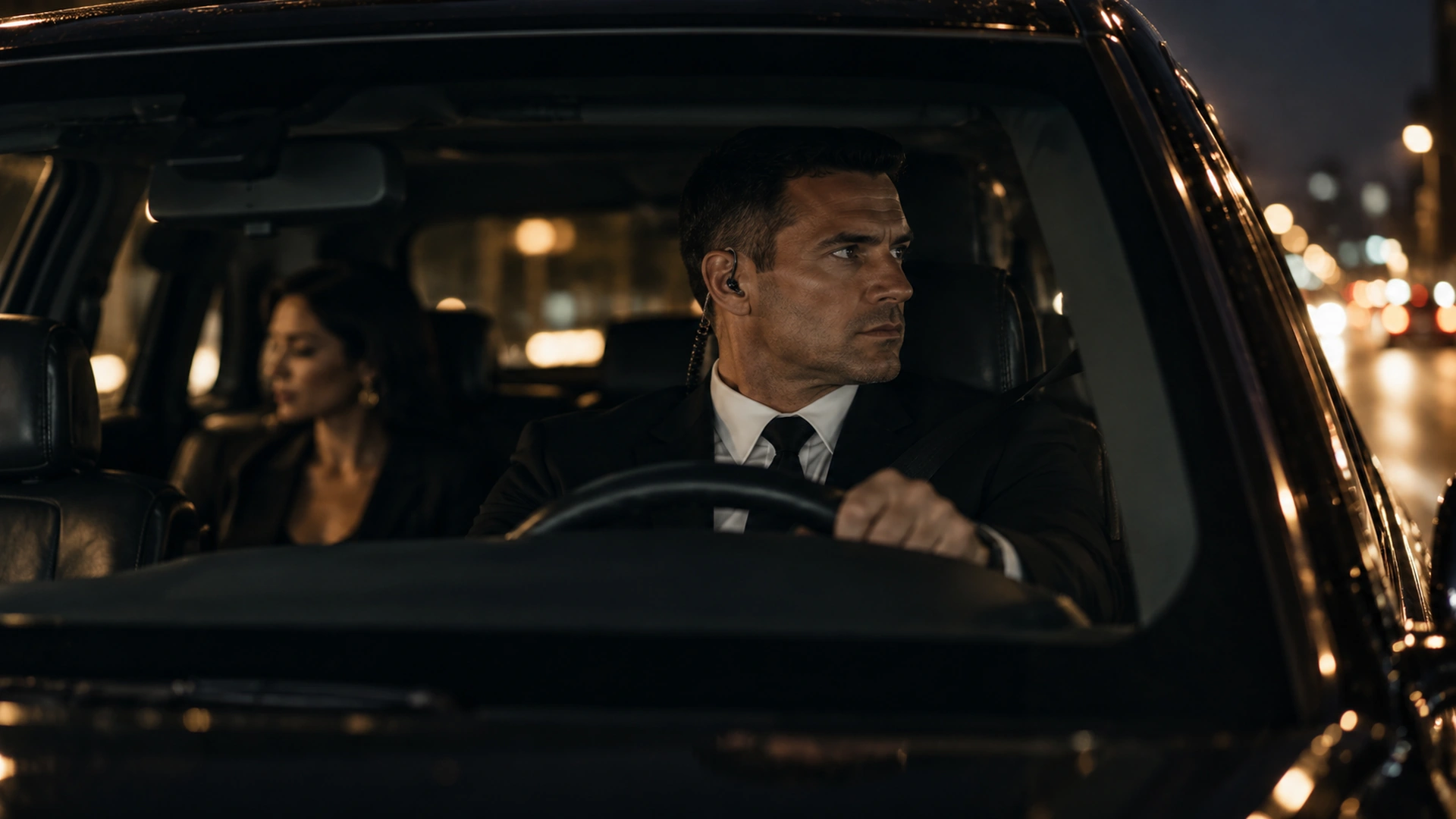 Driver and client inside a black car during a secure executive protection transfer in Dallas
