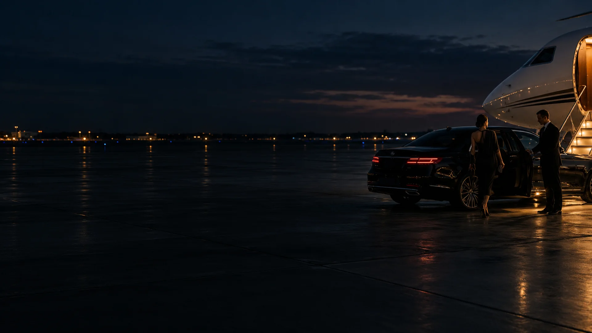 Black SUV airport transfer waiting beside a private jet on a wet tarmac at night in Dallas