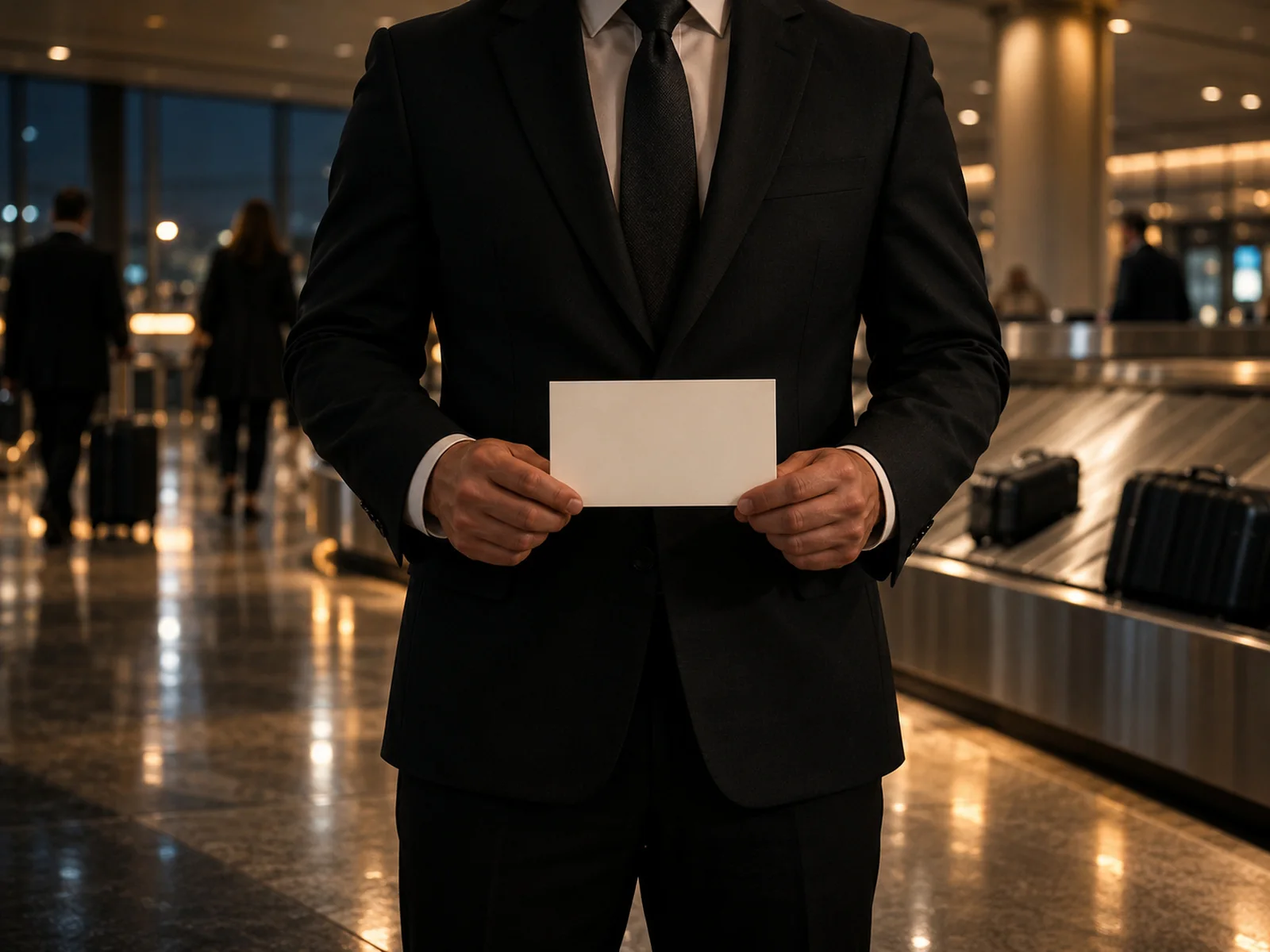 Chauffeur holding a name card for an airport meet and greet at Dallas baggage claim