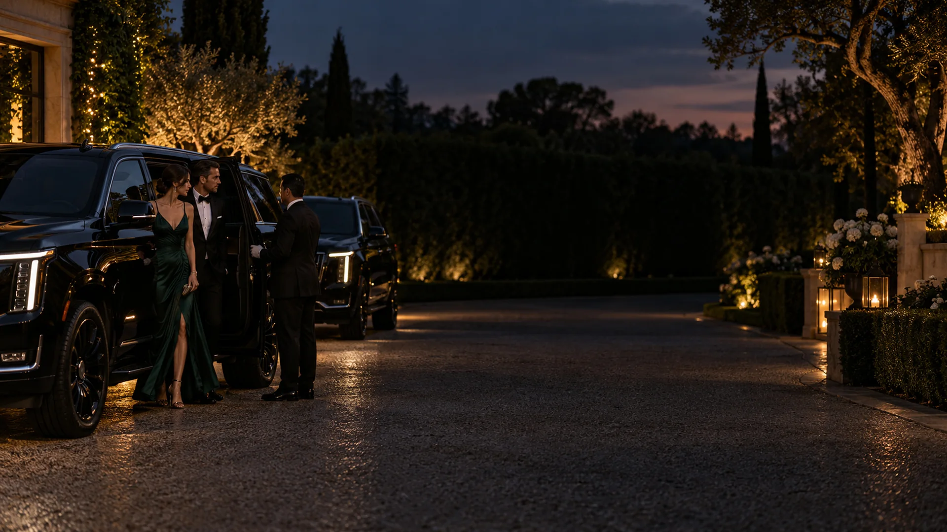 Black SUVs waiting to shuttle wedding guests from an evening venue in Dallas-Fort Worth