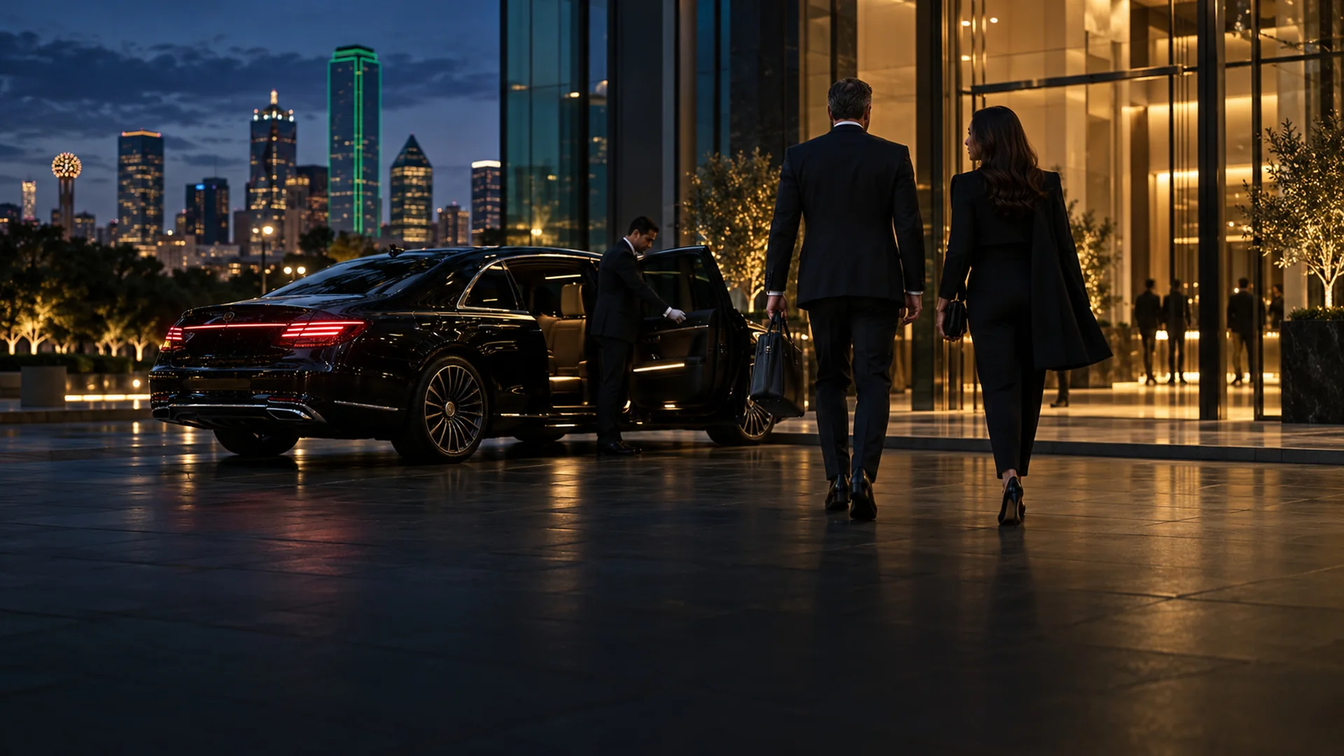 Executives walking to a chauffeured black sedan outside a Dallas office tower at night