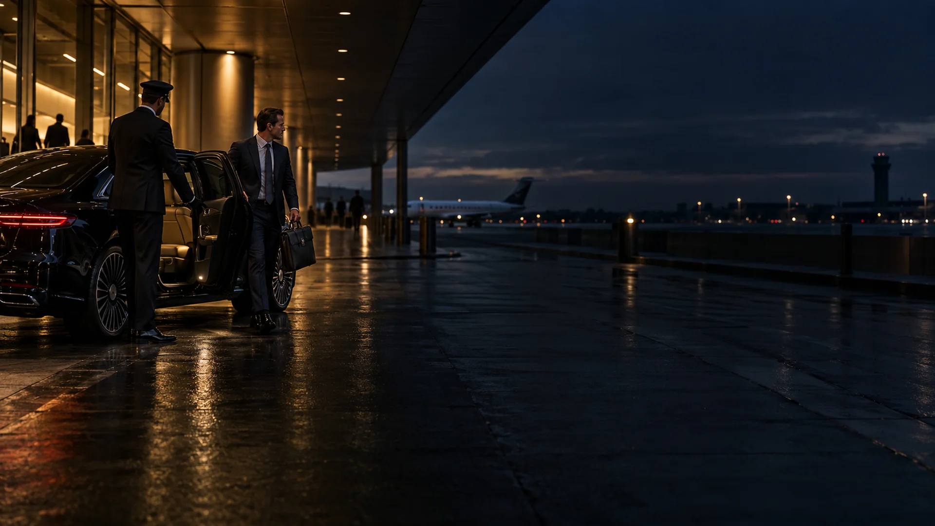 Executives meeting their chauffeur at a black SUV under an office canopy in Dallas at dusk