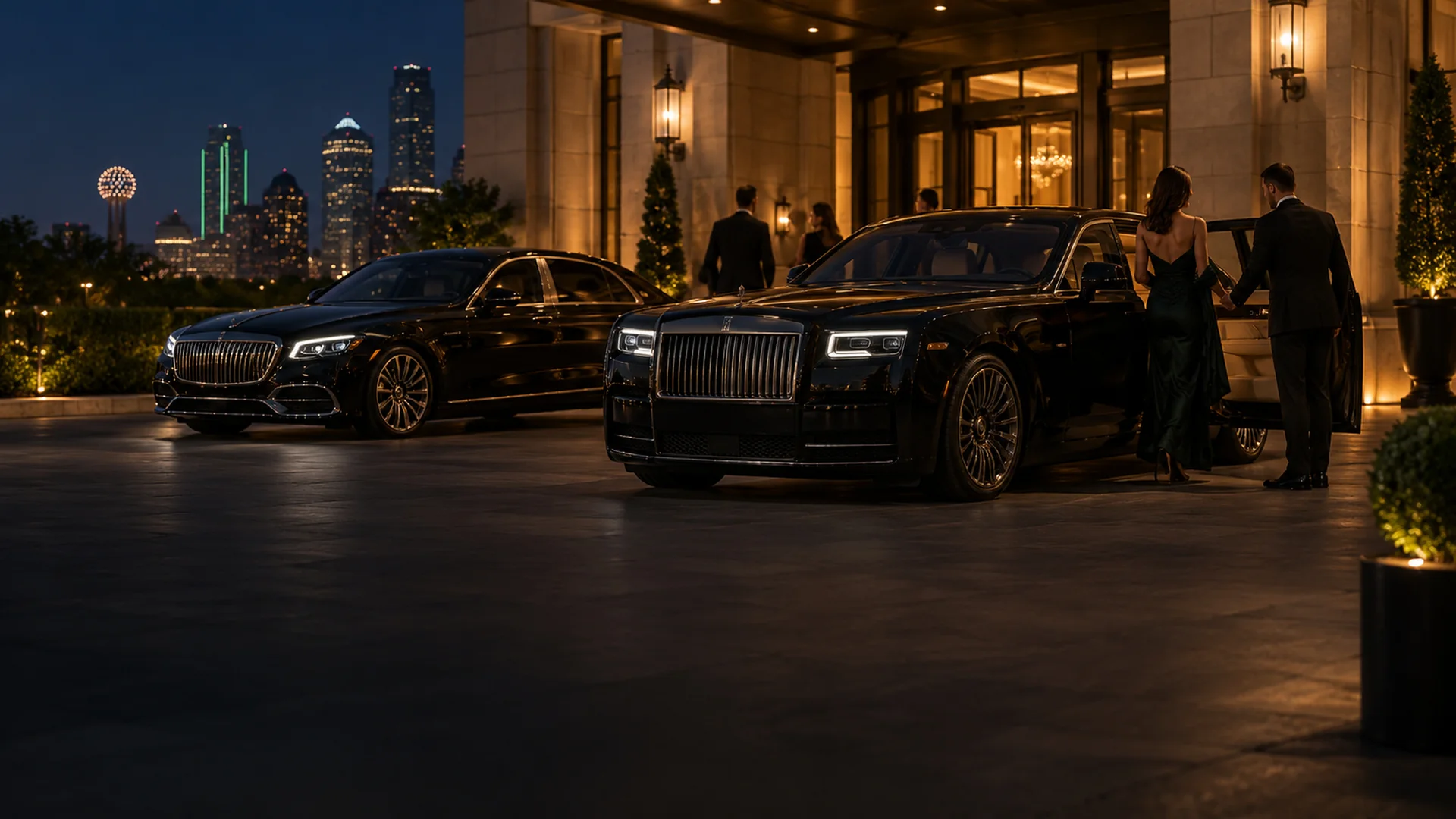 Black Rolls-Royce and Mercedes-Maybach for chauffeur service outside a Dallas hotel at night
