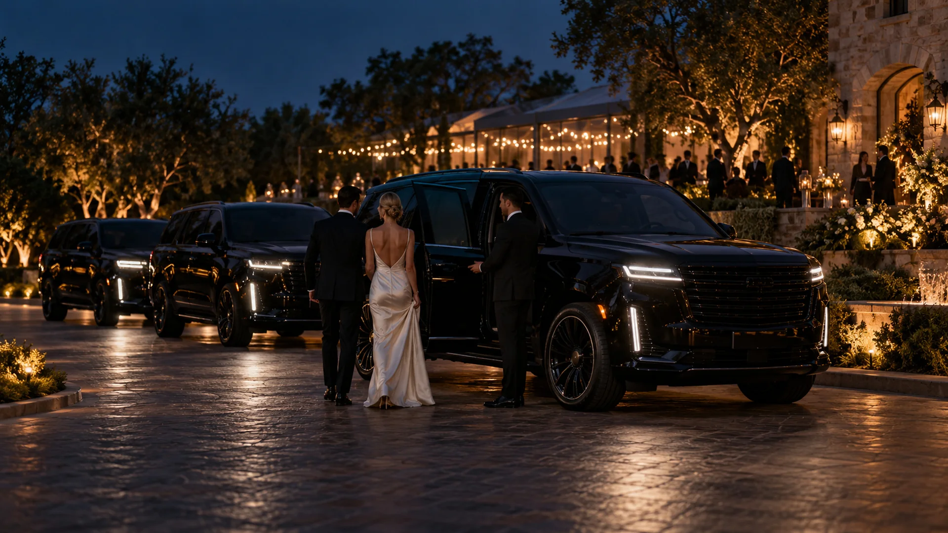 Bride and groom walking to a chauffeured black SUV at a candlelit Dallas wedding venue