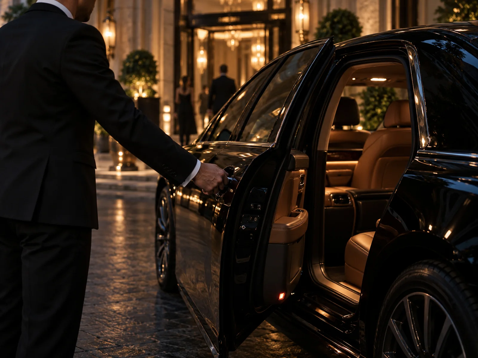 Chauffeur opening the rear door of a luxury car with a tan leather interior in Dallas