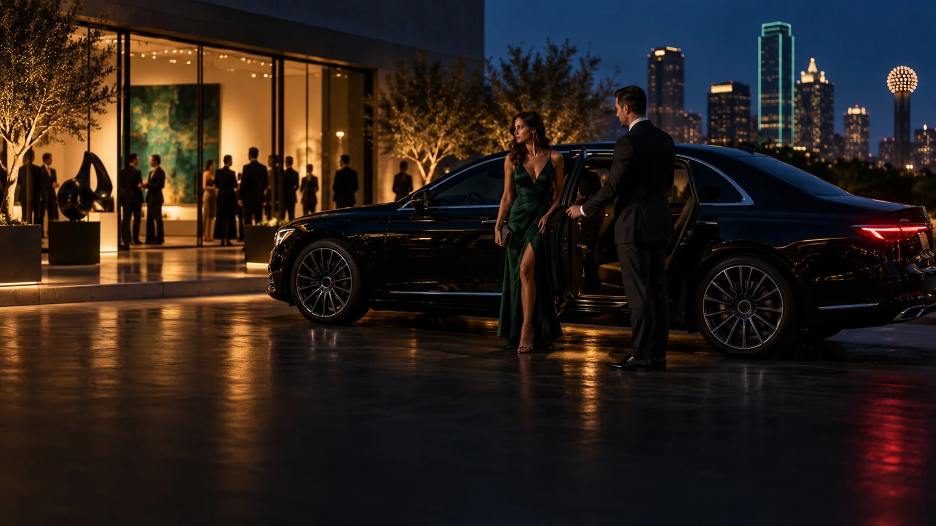 Hourly chauffeur opening a black sedan door for a client outside a Dallas venue at night