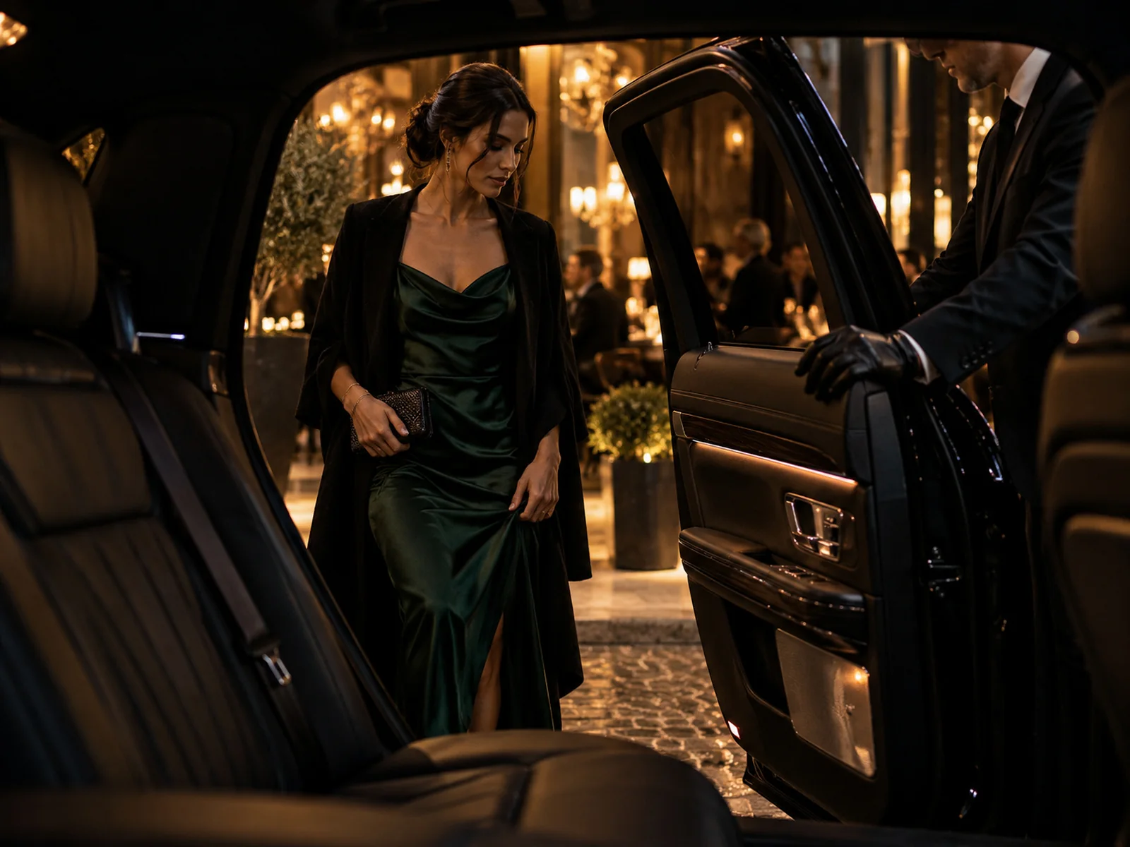 Woman in a green dress stepping out of a chauffeured car on a night out in Dallas