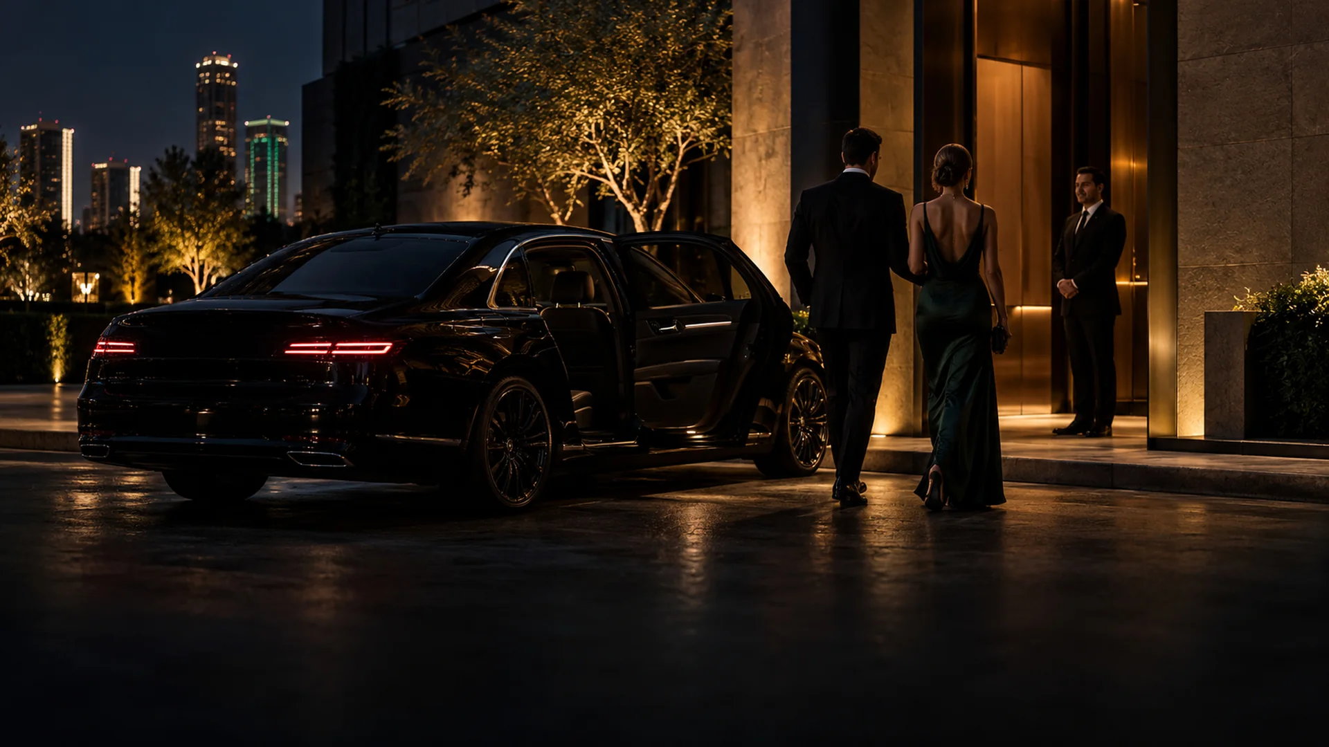 Couple stepping out of a chauffeured black sedan at a Dallas nightlife venue