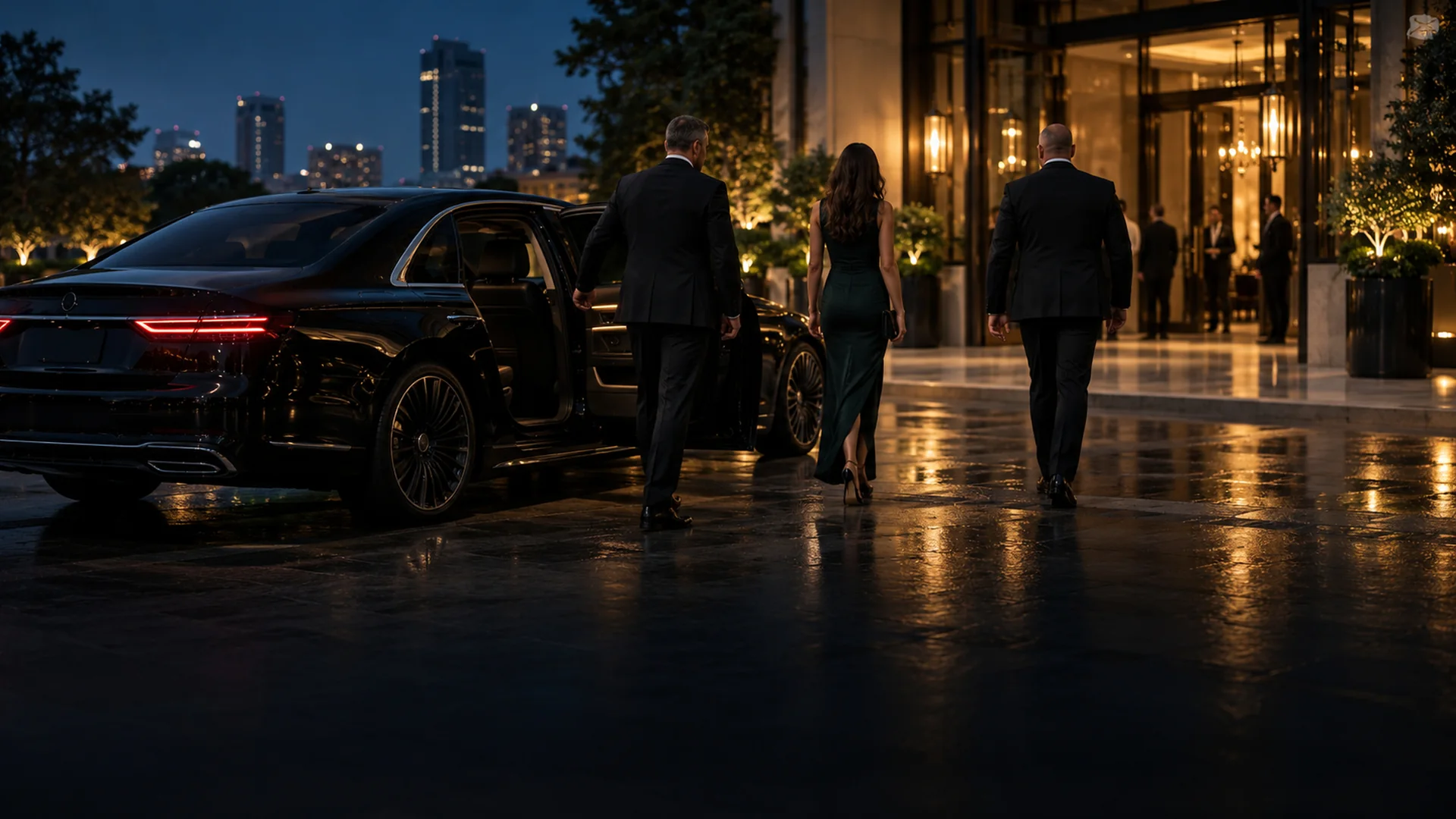 Personal security detail walking clients from a black sedan with the Dallas skyline behind