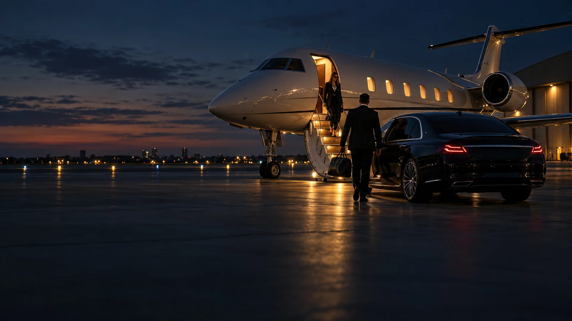 Chauffeur and black sedan meeting a private jet passenger planeside at a Dallas FBO at dusk