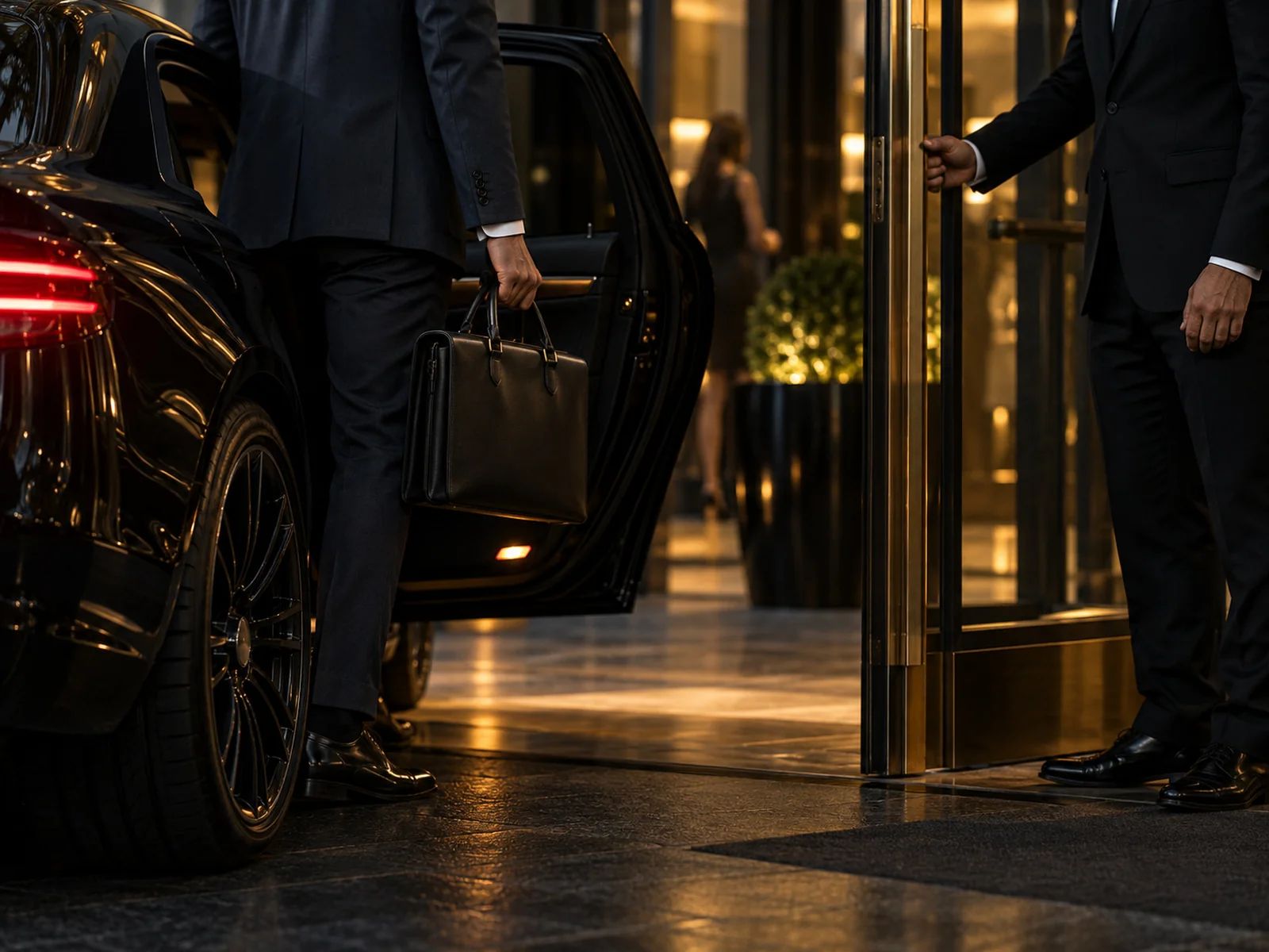 Executive protection agent opening a door as a client steps out of a chauffeured car