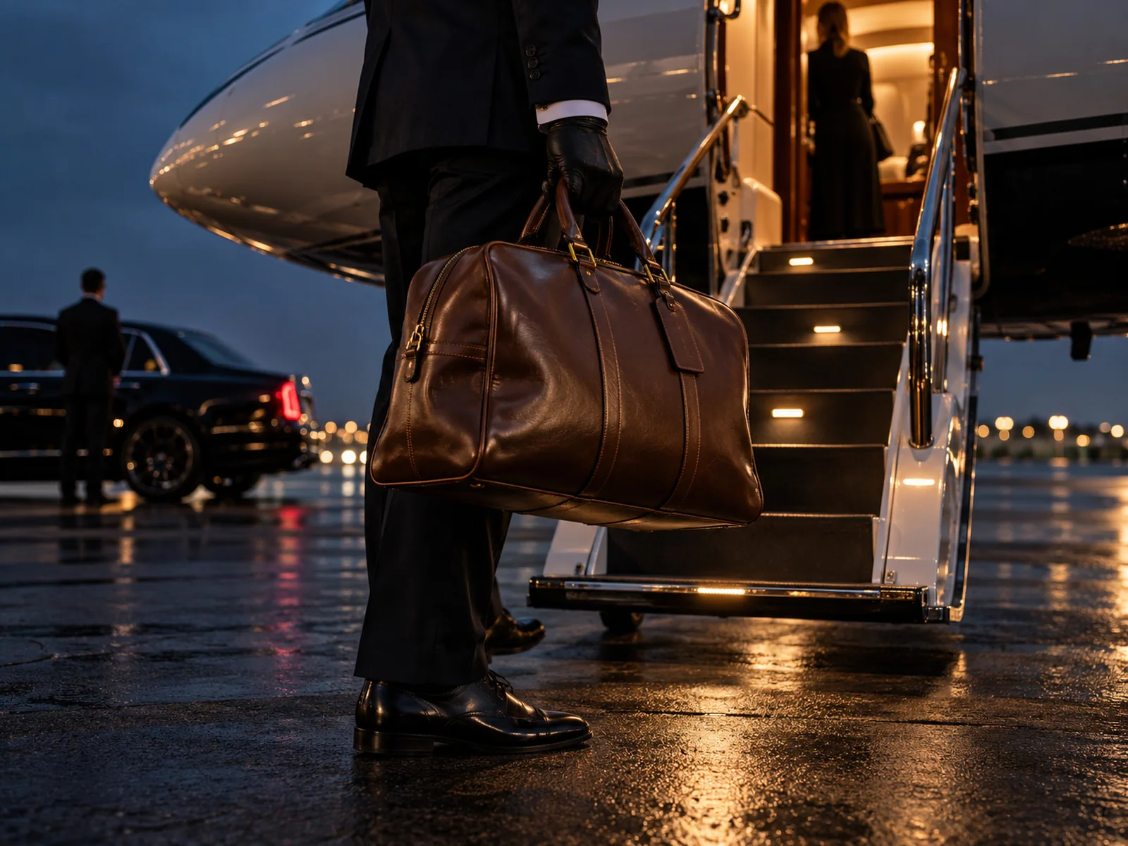 Chauffeur carrying a leather bag down a private jet airstair for ground transportation in Dallas