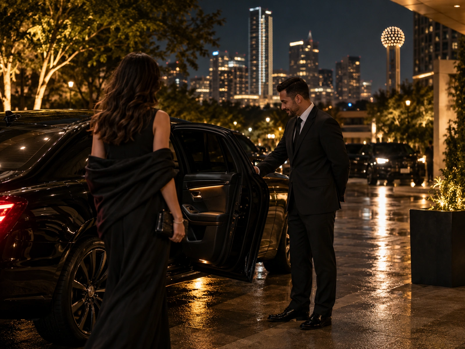 Chauffeur holding the rear door of a black luxury sedan for a client at night in Dallas