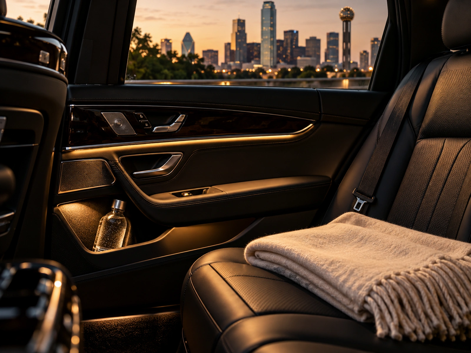 Rear cabin of a VIP Lux DFW chauffeured sedan with a folded blanket and the Dallas skyline outside