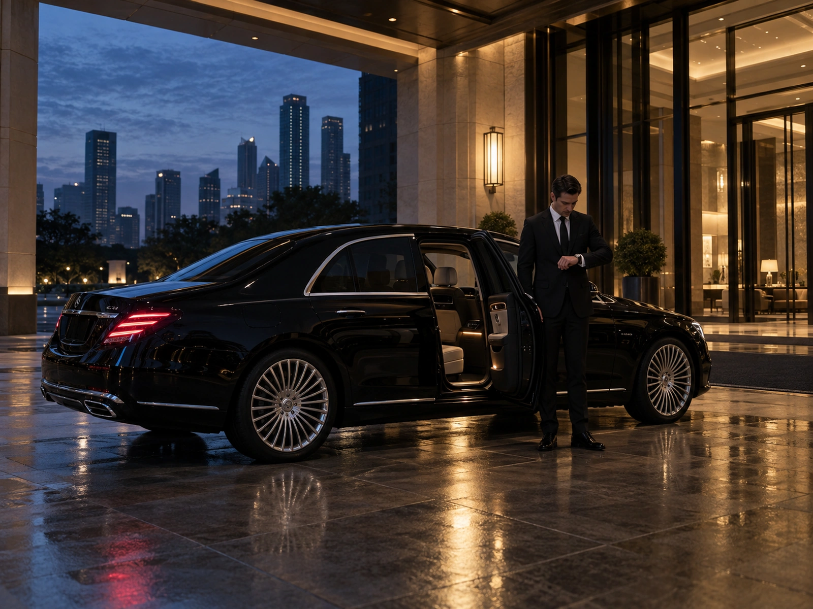 VIP Lux DFW chauffeur waiting beside a black Mercedes-Maybach outside a Dallas hotel before dawn