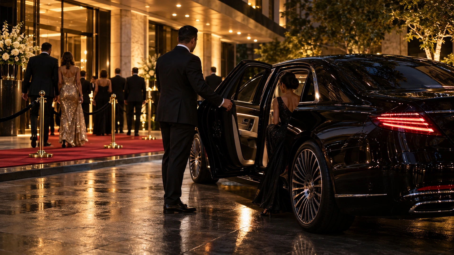 Chauffeur opening a black sedan door at a red carpet gala in Dallas