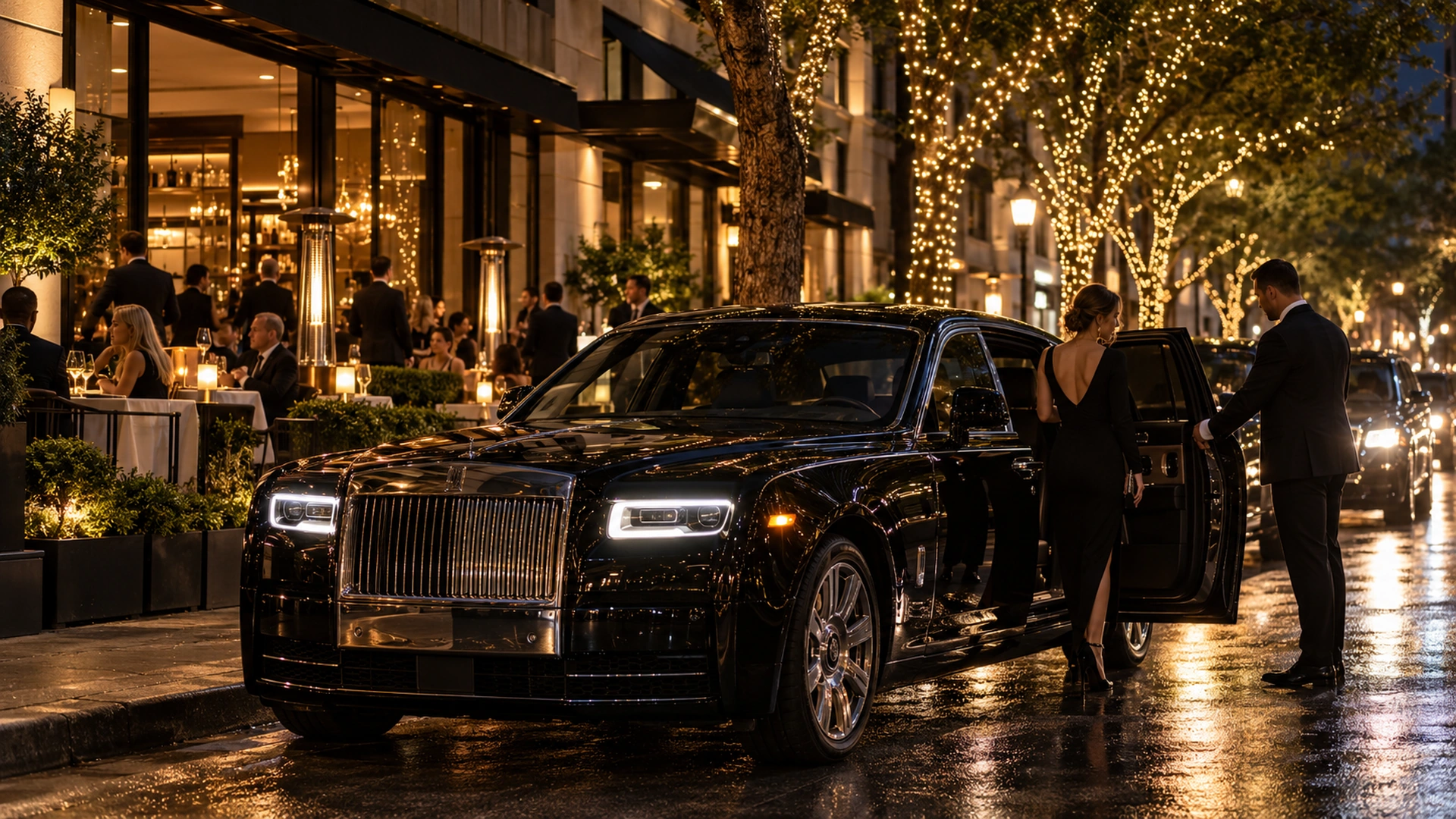 Chauffeured black Rolls-Royce outside a restaurant in Uptown Dallas for a dinner reservation