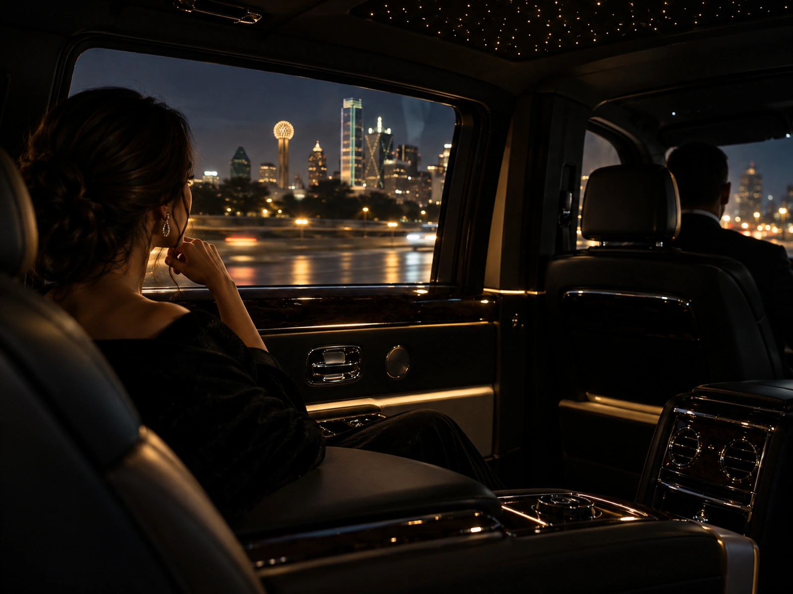 Passenger looking out at the Dallas skyline from the back seat of a chauffeured luxury car