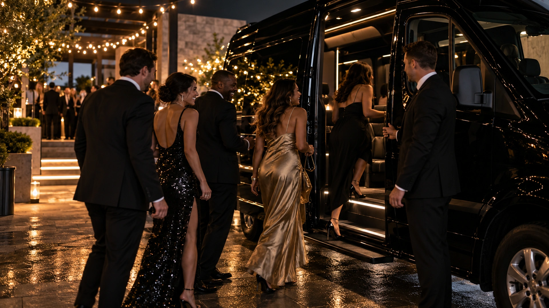 Guests in evening wear boarding a black Sprinter van for a Dallas celebration