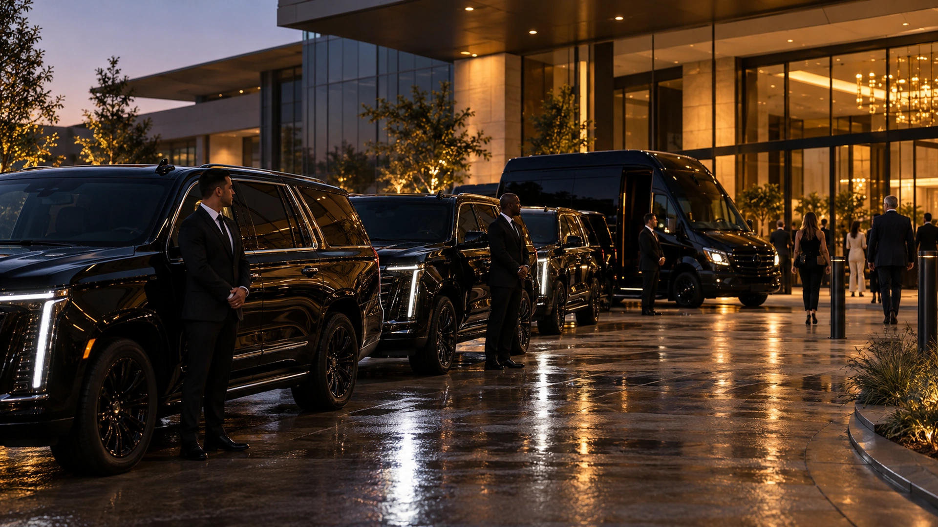 Fleet of chauffeured black SUVs lined up for a corporate event in Dallas