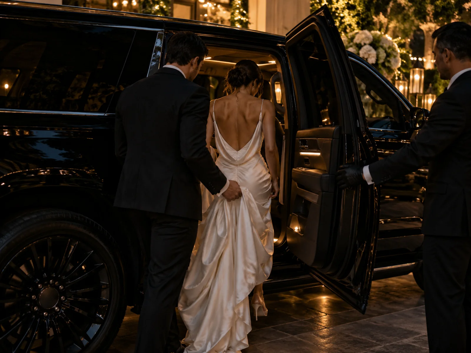 Chauffeur helping a bride into a black SUV for wedding transportation in Dallas