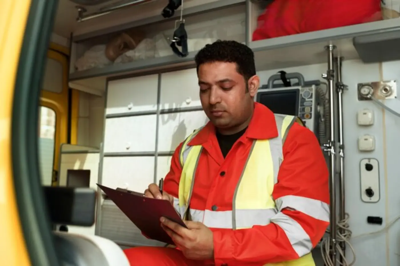 Fire safety engineer checking equipment on site