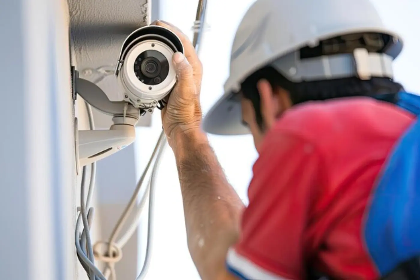 Technician installing a CCTV camera