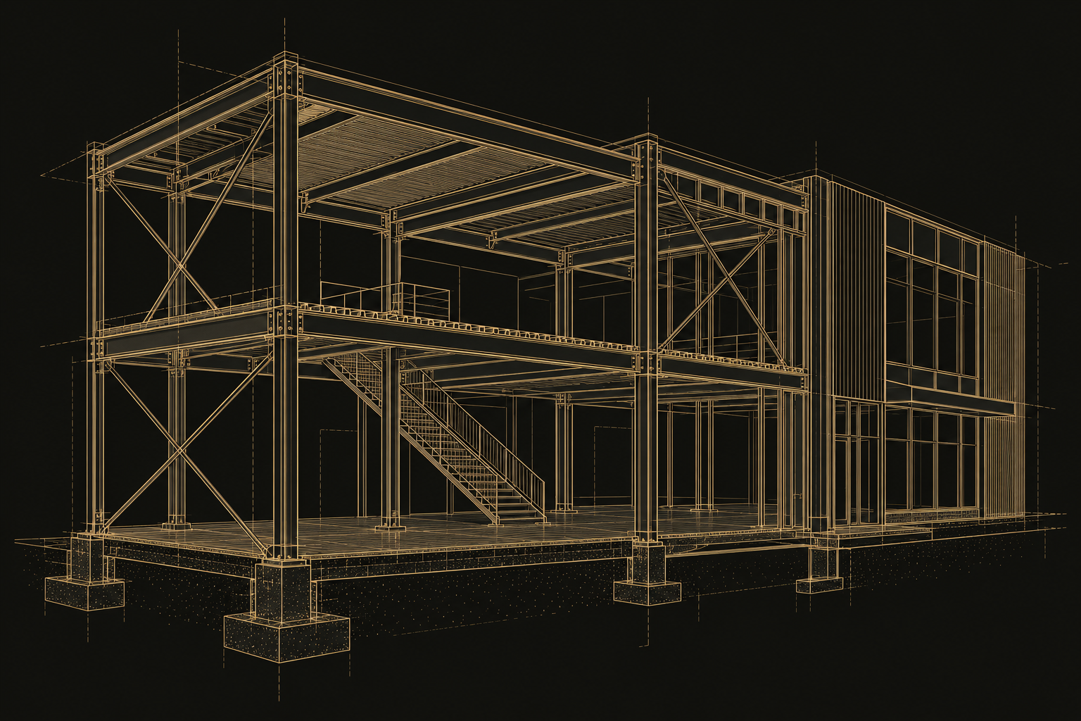 Architectural concept illustration of a steel-frame building with bracing, stairs and foundations, drawn in gold on charcoal