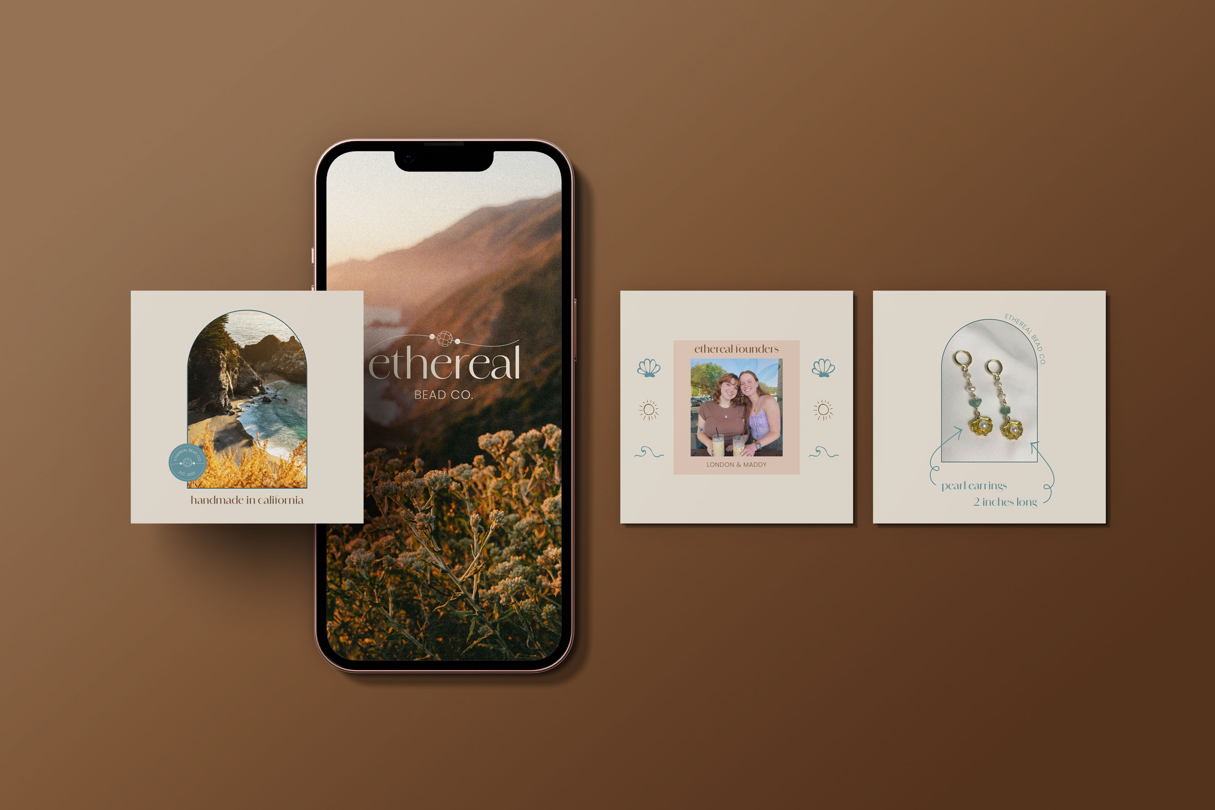 Ethereal Bead Co. social posts shown beside a phone with the logo on the lock screen