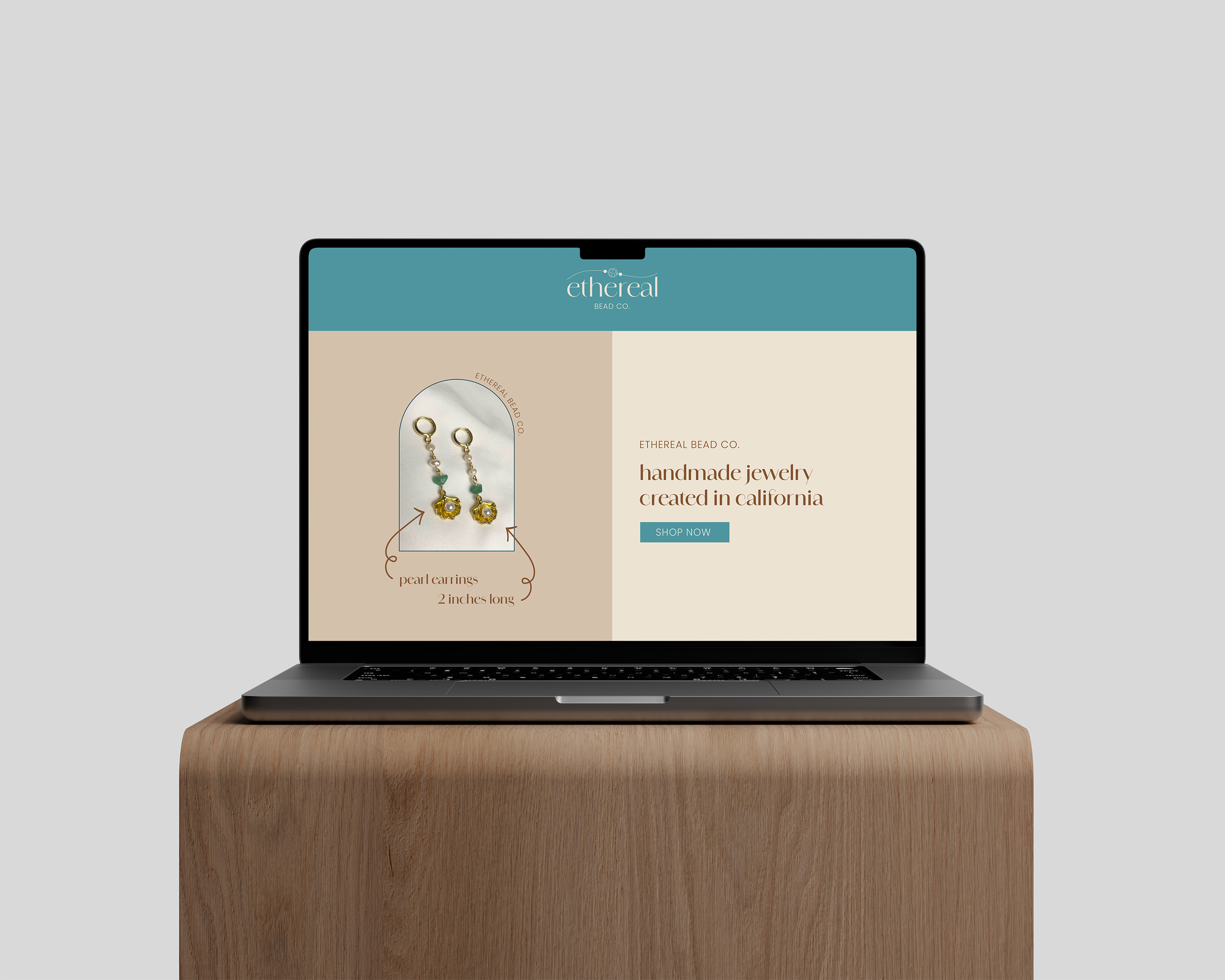 Ethereal Bead Co. website concept on a laptop: handmade jewelry created in California