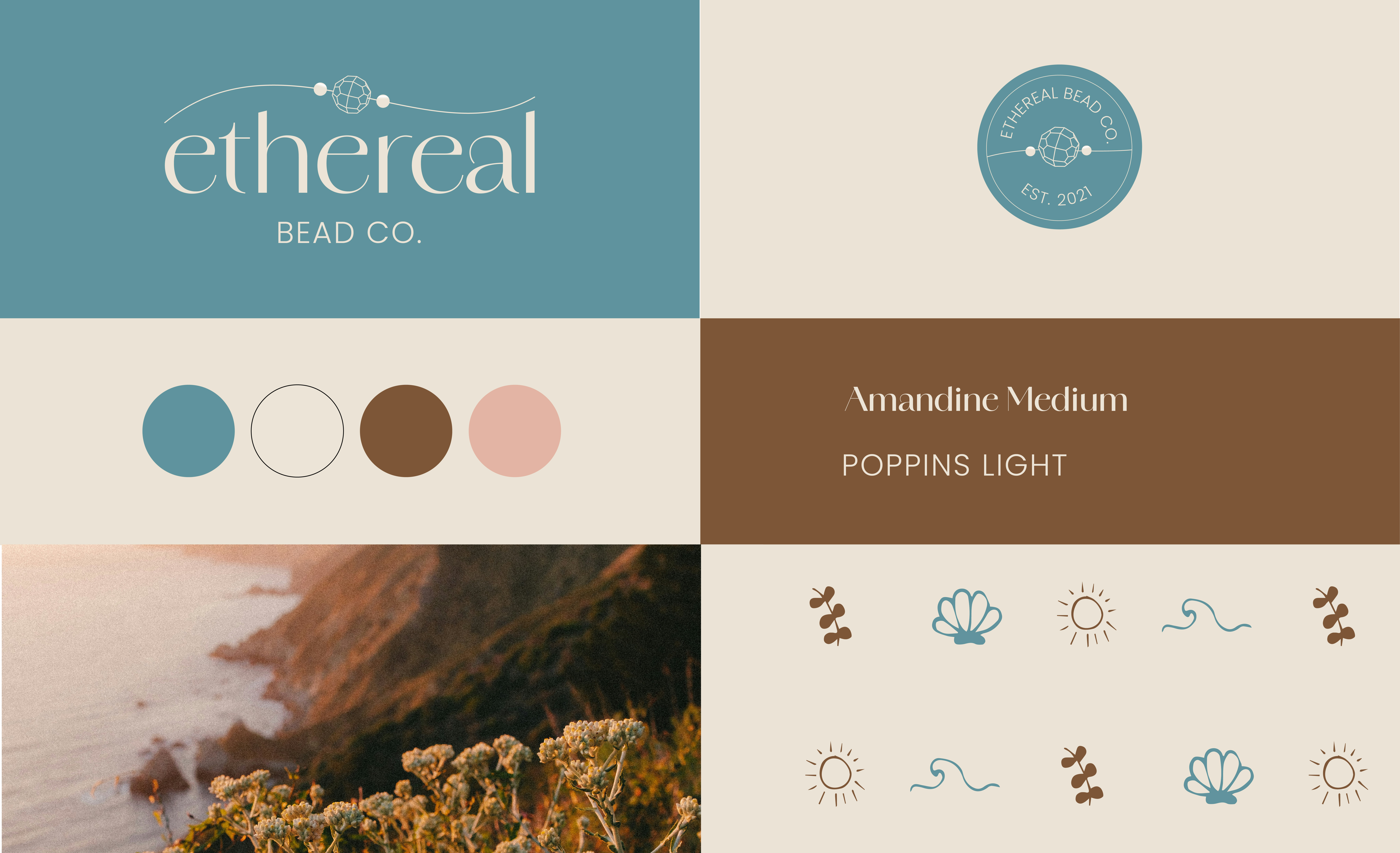 Ethereal Bead Co. brand sheet: logo, seal, color palette, typefaces, photography, and icons