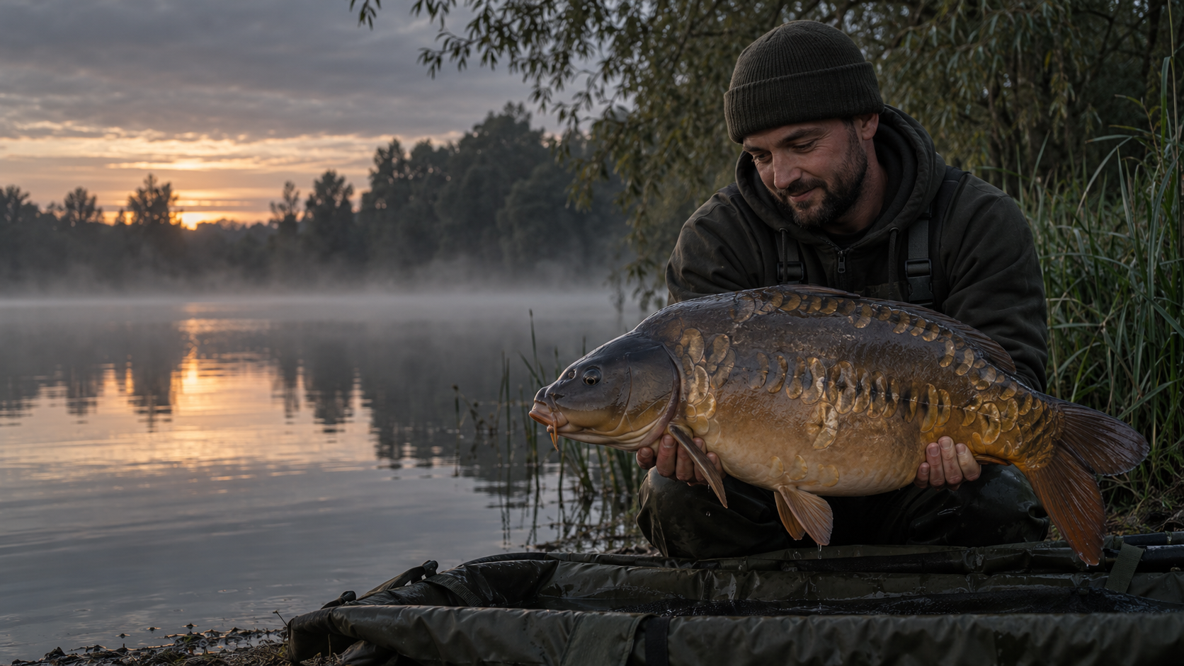 A carp angler holding a bronze mirror carp low over an unhooking mat beside a misty lake at dawn