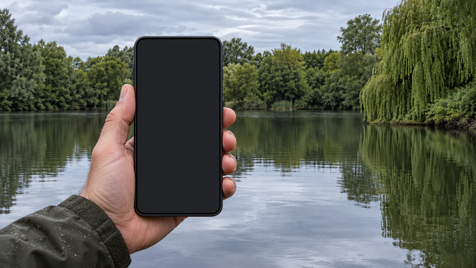 An angler’s hand holding ClippedUp beside the same willow-lined lake shown on the phone