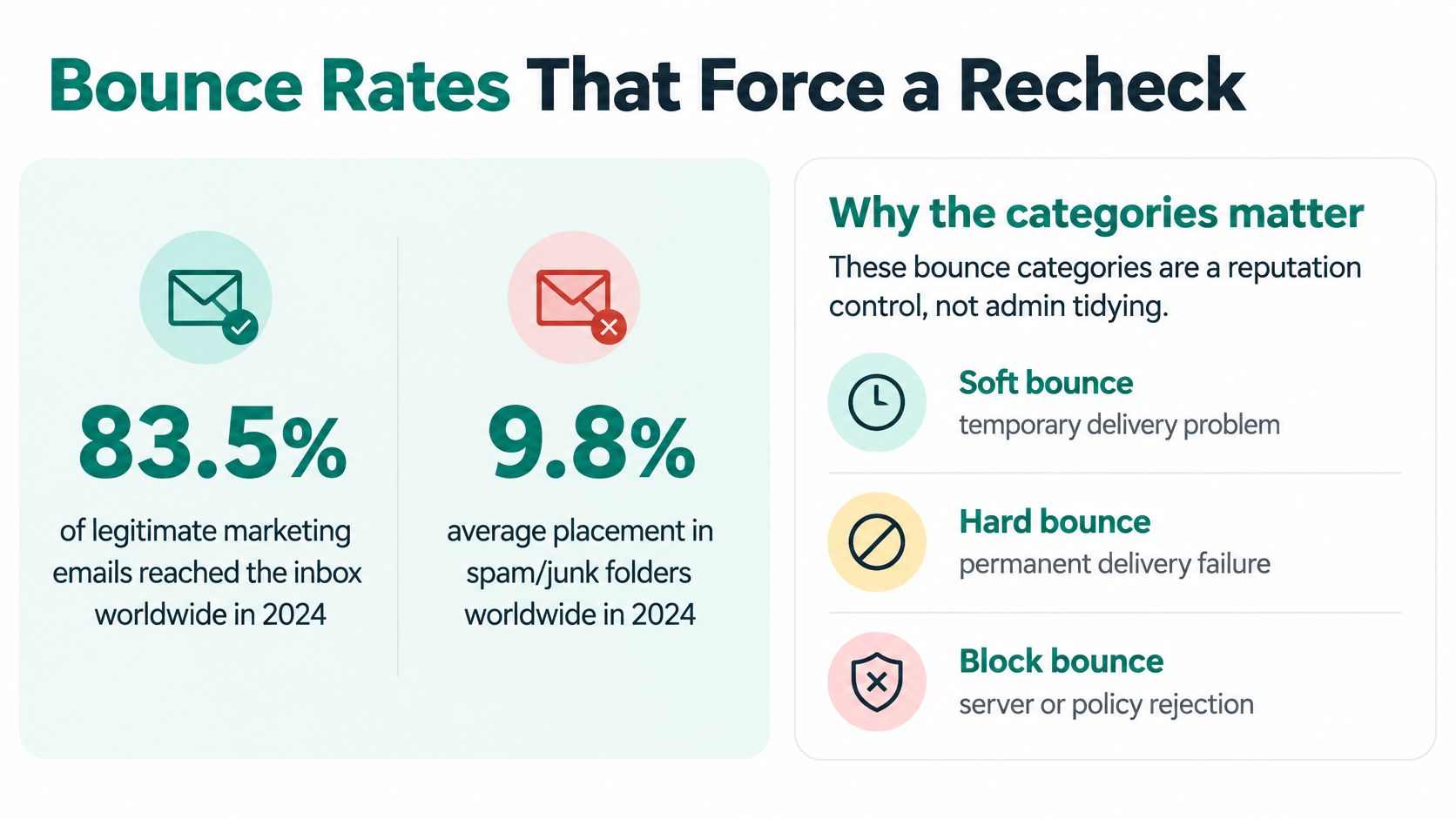 An infographic detailing email delivery statistics for 2024, including inbox rates and common bounce bounce categories.