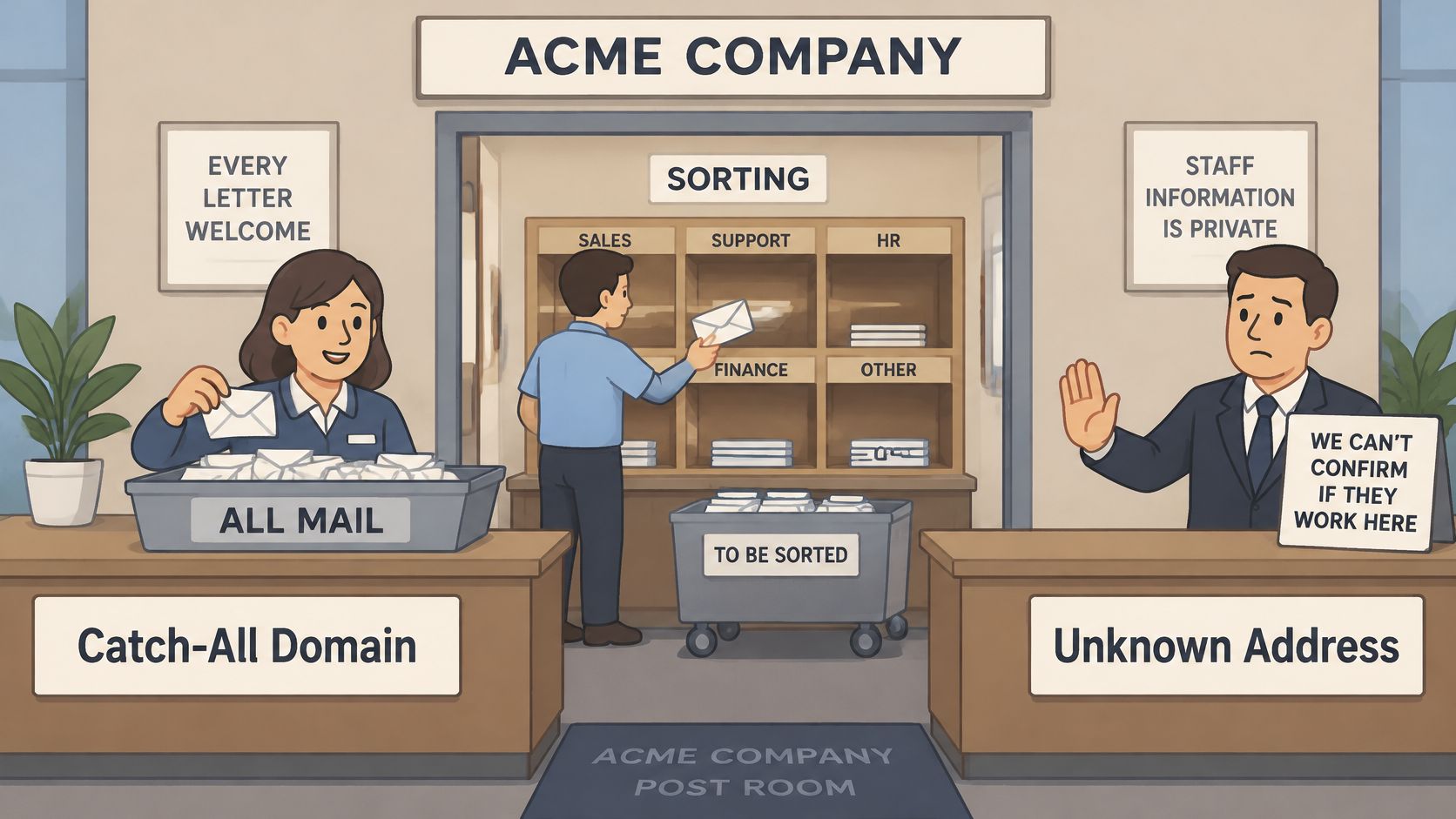 An illustration showing a mail sorting room representing how email server catch-all and unknown address protocols function.