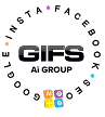 Black and gray GIFS AI Group logo with social media icons Facebook, Instagram, Google, and Kegan arranged in a circle around it.