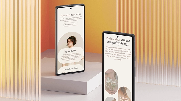 Two smartphones displaying a wellness app interface; one shows 'Restorative Treatments' featuring a profile of a woman with text about Japanese Heal Spa, the other shows 'Designed for women navigating change' with information on personal support and consultation.