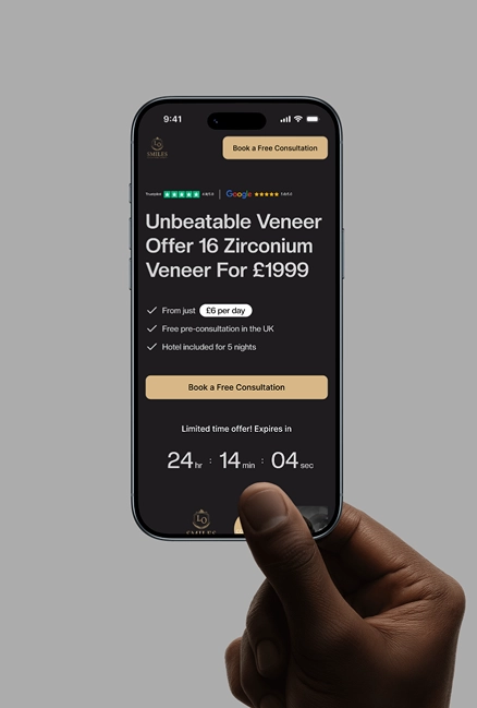 Smartphone held by a hand displaying an advertisement for a dental offer featuring 16 Zirconium veneers for £1999 with benefits including £6 per day, free pre-consultation in the UK, and hotel included for 5 nights, plus a countdown timer for the limited-time offer.