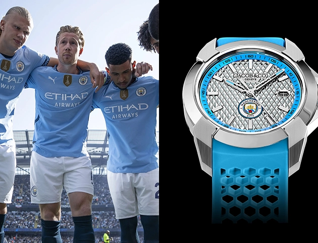 Split image showing four Manchester City soccer players in light blue jerseys on the left, and a Jacob & Co. wristwatch with a Manchester City logo on the dial and a blue strap on the right.