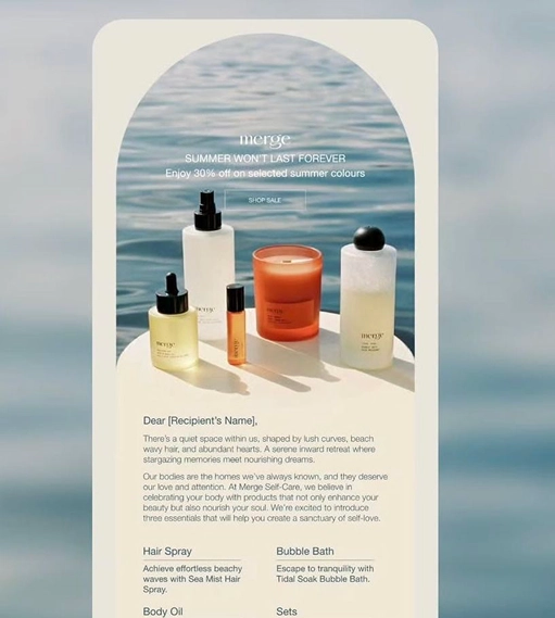 Promotional image of Merge skincare products including hair spray, bubble bath, body oil, and sets, displayed on a round platform against a watery background with the text 'Summer won't last forever. Enjoy 30% off on selected summer colours.'
