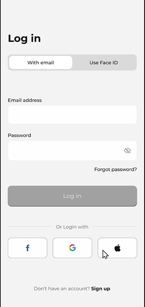 Mobile app login screen showing options to log in with email or Face ID, with fields for email address and password, a disabled Log in button, links for forgotten password and sign up, and social login buttons for Facebook, Google, and Apple.