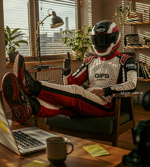 Person wearing a racing helmet and a GIFS AI Group branded racing suit sitting relaxed in a chair with feet on a table, giving a thumbs-up, in a cozy room with plants, a lamp, shelves with books, and a laptop on the table.