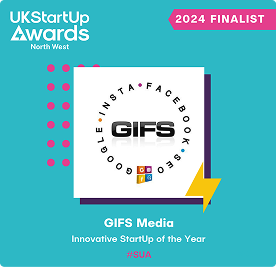 UK StartUp Awards North West 2024 finalist badge featuring GIFS Media as Innovative StartUp of the Year, with GIFS logo surrounded by social media platform names Instagram, Facebook, Google, and YouTube, and a yellow lightning bolt graphic.