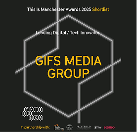 Text announcing GIFS MEDIA GROUP as a Leading Digital/Tech Innovator shortlisted for the 2025 This Is Manchester Awards, with a geometric hexagonal outline and logos of partners below.